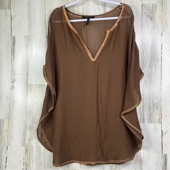 BCBGMAXAZRIA Beach Cover Up Top‎ with beaded neckline Womens Sheer Shirt OS - Picture 1 of 15